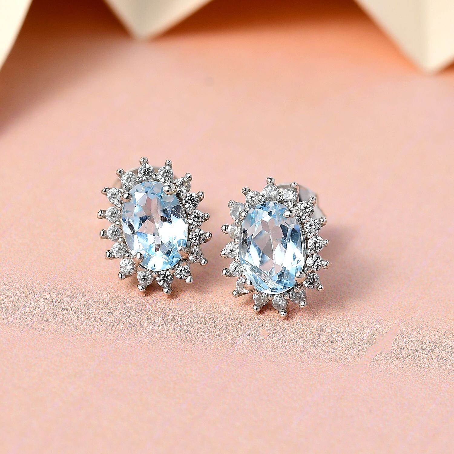 Sky Blue Topaz and Natural Zircon Halo Stud Earrings in Platinum Overlay Sterling Silver 1.28 Ct.